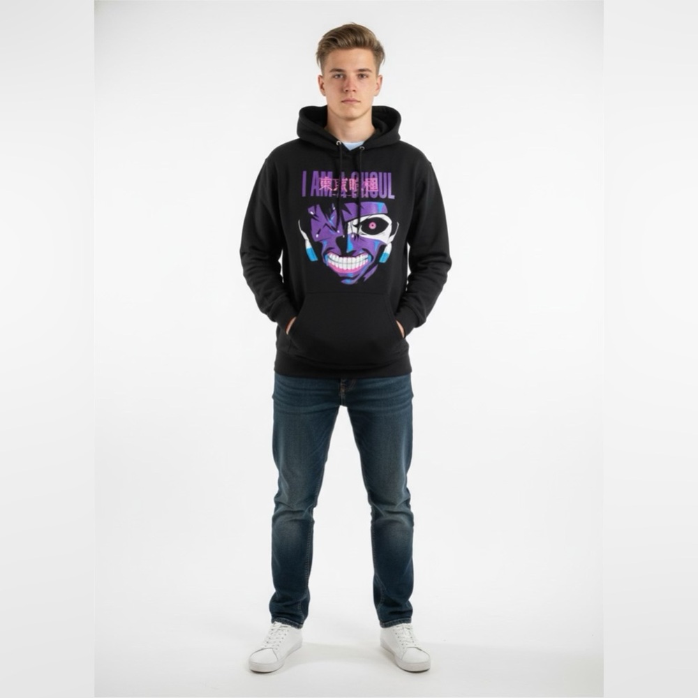 Tokyo Ghoul *I Am a Ghoul* Hoodie Mens L Black & Pink Anime Sleeve &‎ Back Text